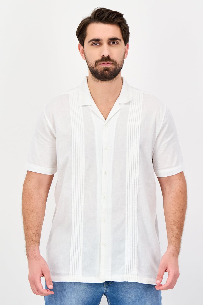 Threadbare Men Regular Fit Pleated Short Sleeve Casual Shirt, White - Image 1